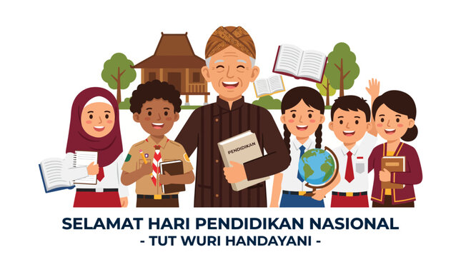 Indonesian National Education Day Illustration with Ki Hajar Dewantara and Diverse Students