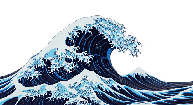 A powerful depiction of a large wave crashing with detailed foam and spray on transparent background