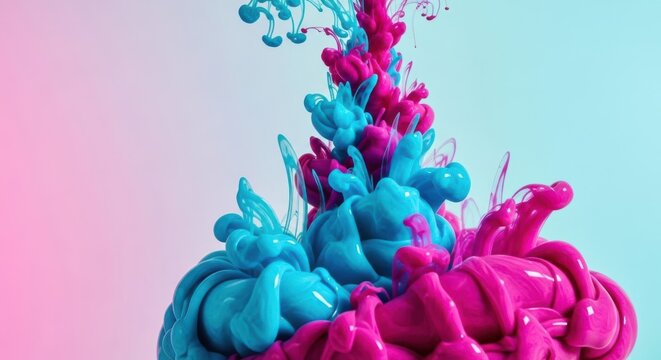 Cyan and Magenta Ink Clouds Bursting in Abstract Flow