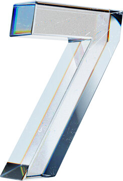Dispersion Glass Number 7 or Seven 3D Render: Trendy Design. Modern abstract shape with glossy crystal finish isolated on a transparent background.