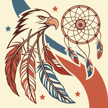 Eagle with feathers and dreamcatcher american style.
