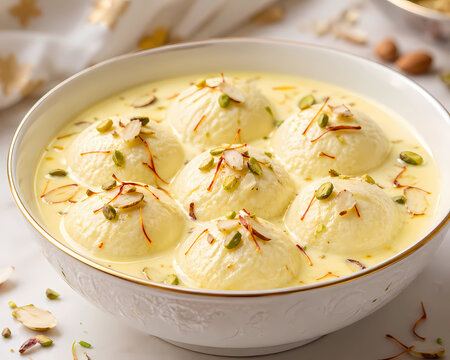Creamy Rasmalai Dessert Garnished with Pistachios Almonds and Saffron