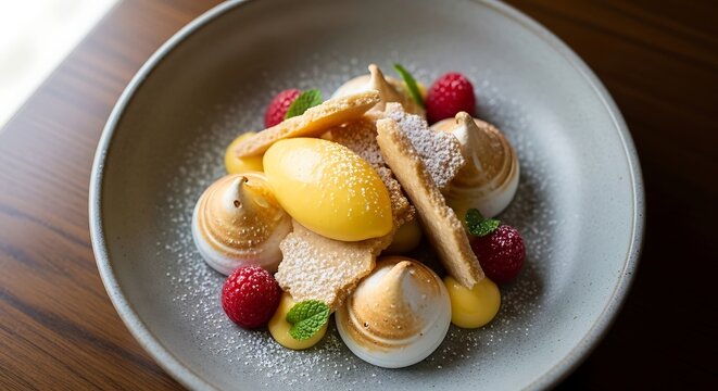 Gourmet Lemon Sorbet Dessert with Meringue and Raspberries.