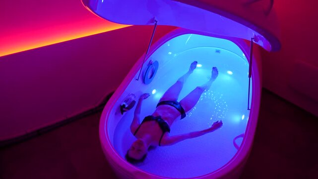 Woman float in relaxing hyper-saline floatation therapy pod in pink lit room