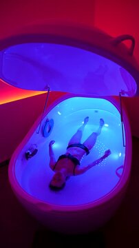 Vertical. Woman float in relaxing hyper-saline floatation therapy pod