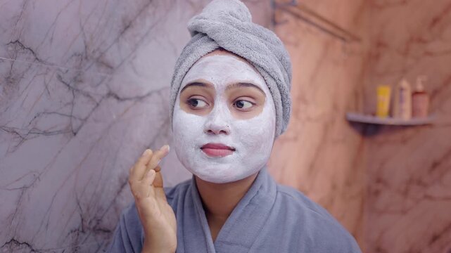 Indian Woman Applying Face Pack, Skincare Routine at Home, Natural Beauty Treatment Concept