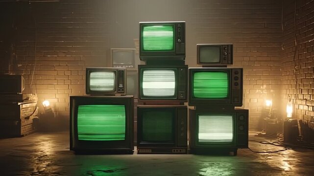 Stack of Vintage CRT Televisions with Green Glitch Static in Dark Room