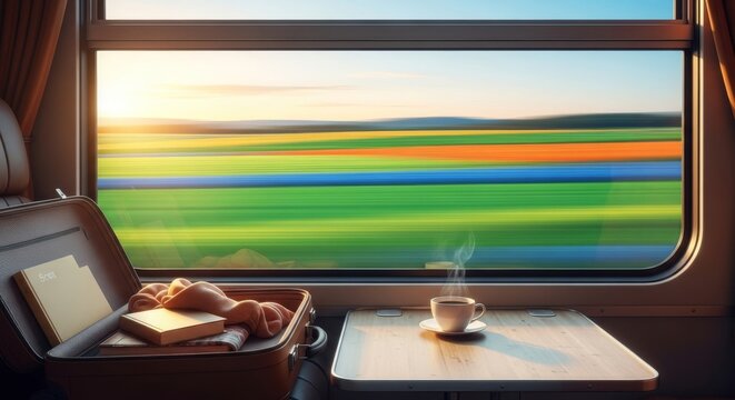 A cinematic view through a train window showing a moving landscape with luggage and a cup of coffee on the table during a long journey, horizon, mountains, coffee