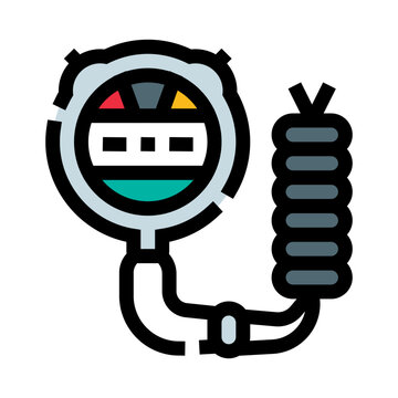 Scuba diving pressure gauge displaying essential air levels, connecting to breathing apparatus, symbolizing underwater exploration gear, safety, and adventure