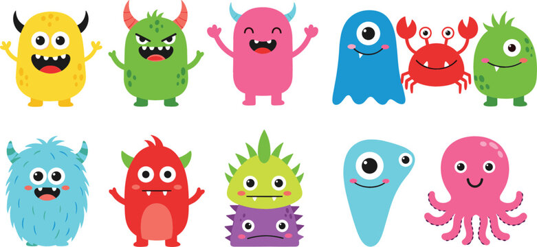 Cute cartoon monster set with funny colorful creatures including alien crab and octopus playful characters vector illustration isolated on light background