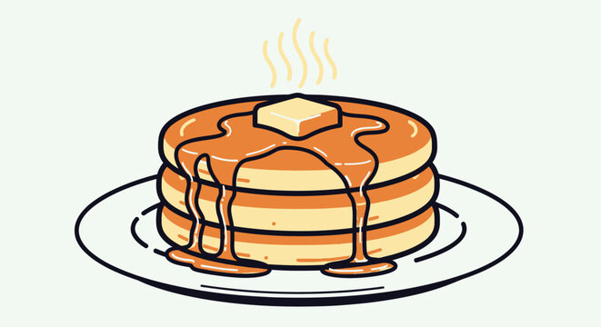 Stack of pancakes with syrup and butter on a plate illustration