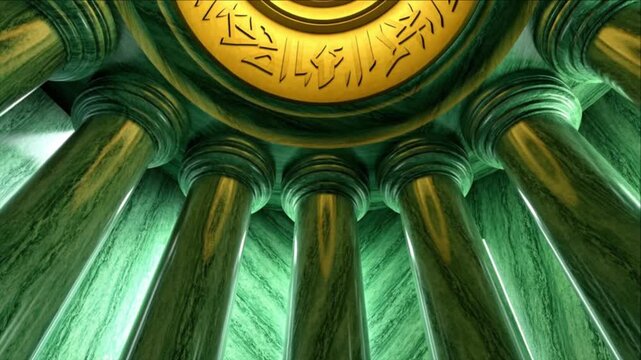 金色の幾何学的なドーム象嵌を備えた緑大理石の柱構造