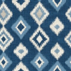 Fototapeta premium Blue and white geometric diamond pattern with a textured, woven fabric appearance, featuring varying shades of blue on a dark background.