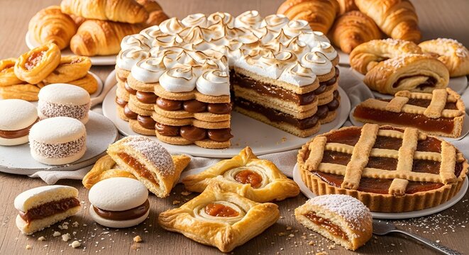 Assortment of South American pastries and cakes, including alfajores, dulce de leche cake, and quince tarts