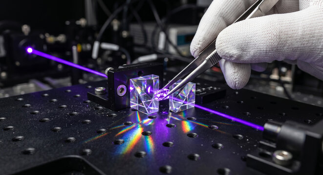 Scientist using tweezers to adjust tiny optical crystal on breadboard during advanced laser physics study.