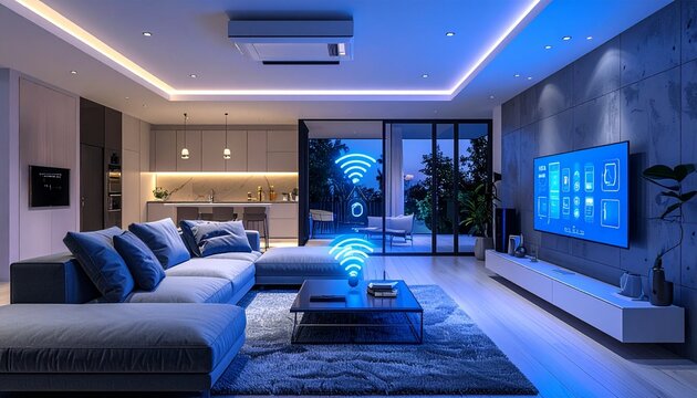 Modern smart home living room with glowing WiFi symbols and blue LED ambient lighting