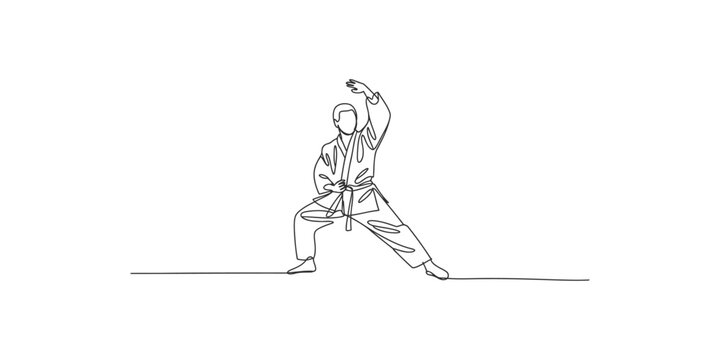 Continuous line drawing of a karate practitioner in a fighting stance with one arm raised