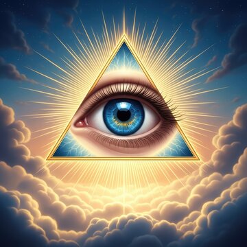 Eye of providence in triangle against cloudy sky symbolizing vision