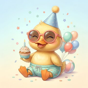 Cute duckling birthday party illustration with summer beach elements