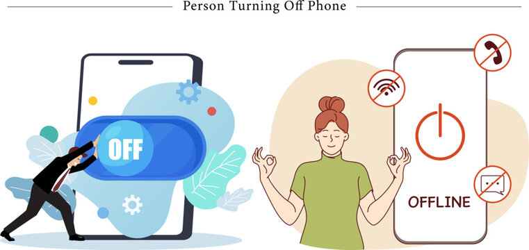 Person Turning Off Phone Flat Vector Digital Detox Mindfulness Offline Mode Illustration
