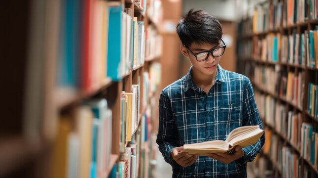 Asian teenager reading book library student study focus, young man wear glasses casual shirt stand aisle bookshelf education concept