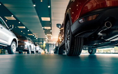 Rearview car parked in luxury showroom. Car dealership office. New car parked in modern showroom. Car for sale and rent business concept. Automobile leasing and insurance concept. Electric automobile. © Fahroni