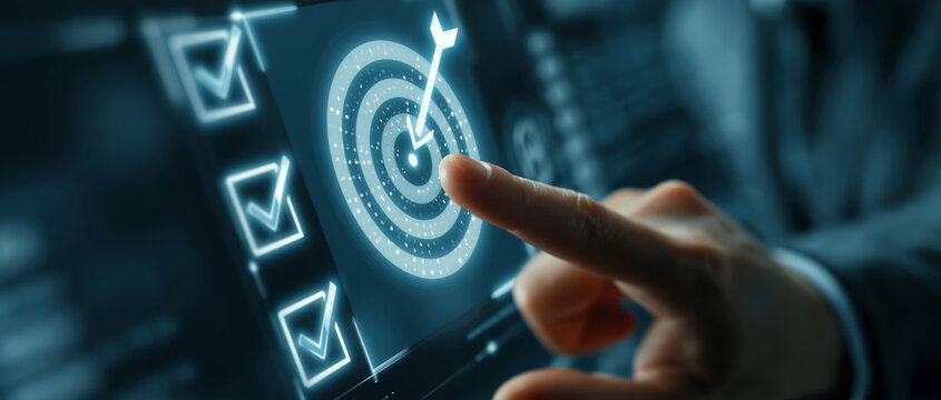Business goal target arrow hand touchscreen checklist digital strategy success planning achievement focus objective vision mission aim leadership