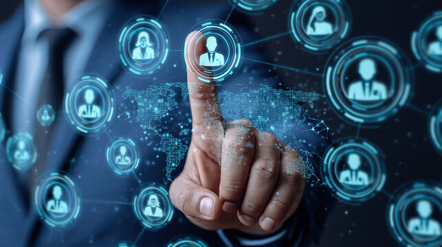 Human resource technology global workforce connection digital talent management analytics concept showing business hand touching people network