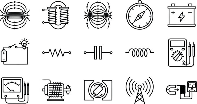 Set of physics and electronics icons including magnets, circuits, battery, resistor, capacitor, inductor, multimeter, motor, and antenna