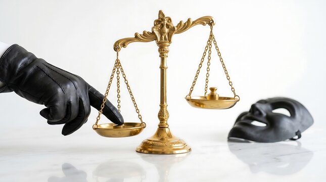 A modern conceptual image showing the delicate manipulation of justice through hidden influence, symbolized by a gloved hand and a theatrical mask.