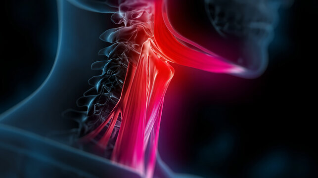 Neck anatomy pain inflammation muscle tissue ligament tendon cervical spine nerve medical illustration with glowing red highlight