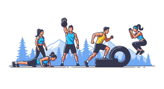 People exercising outdoors various fitness activities white background