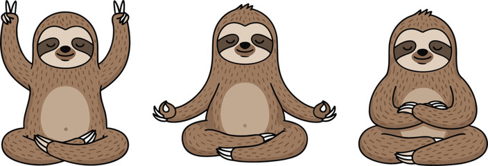 Fototapeta premium Cute cartoon sloth character set practicing yoga meditation poses calm relaxing wildlife animal vector illustration isolated on light background