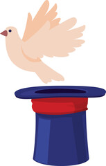 Naklejka premium Magician hat with flying white dove bird, vector cartoon illusionist show mystery focus trick, magic illusion show stuff