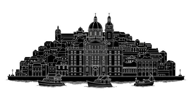 Bellagio Cityscape Silhouette ? Italian Lake Como Travel Destination Icon