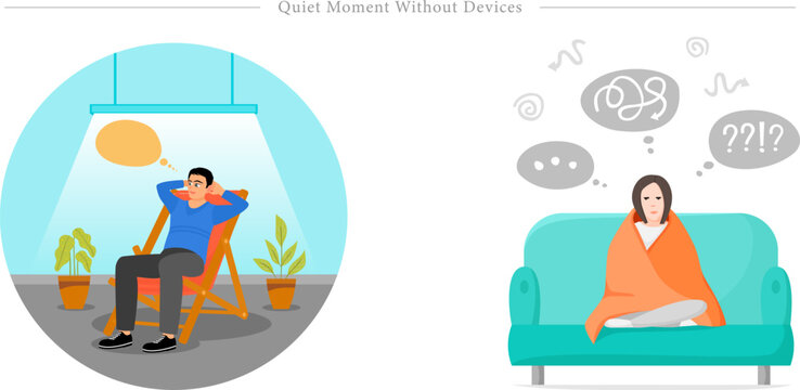 Quiet Moment Without Devices Flat Vector Serene Contemplation Overthinking Solitude Illustration