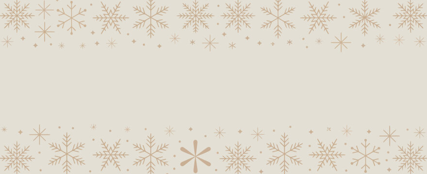 Elegant gold and tan snowflake border design for header footer, decorative winter frame with assorted snowflakes and star elements in premium metallic style, refined seasonal vector illustration