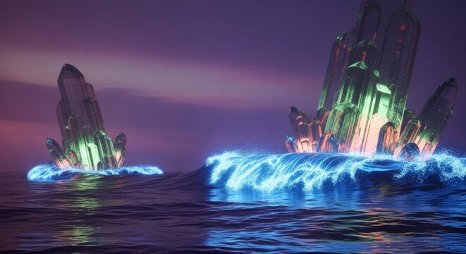 Bioluminescent waves crash against glowing crystal formations under a hazy purple sky on a distant and serene extraterrestrial water planet, glowing, strange, crystals