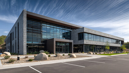 Obraz premium Modern Office Building Exterior with Glass Facade and Landscaping.