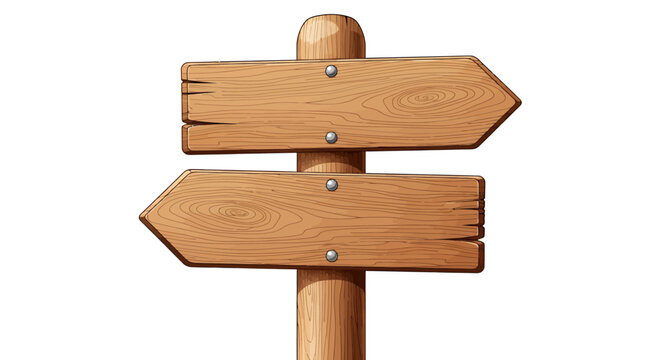 Blank wooden signpost with two opposite directional arrows in rustic outdoors setting.