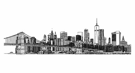 Fototapeta premium A black and white ink sketch of a cityscape with a large bridge