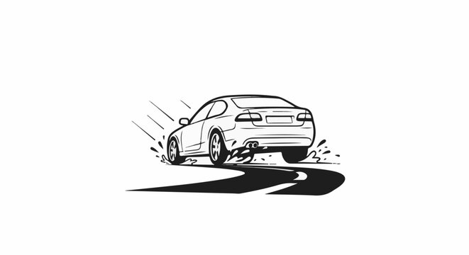 A black and white drawing of a car speeding around a corner