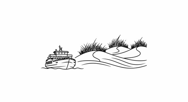 A black and white drawing of a ferry sailing past sand dunes with grass