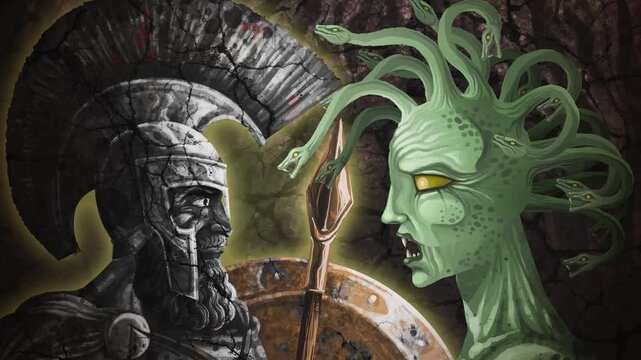 medusa turning spartan warrior into stone in dramatic mythological confrontation scene