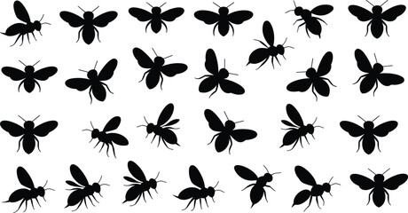 Bee silhouettes collection isolated on white background, various flying honeybee poses insect vector illustration set for nature design © MD MIJANUR