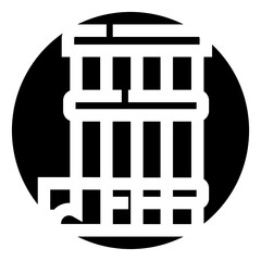 Naklejka premium Iconic ancient column structure forming an abstract design, often symbolizing justice, law, classical heritage, and official institutions, featured in a solid black circular frame