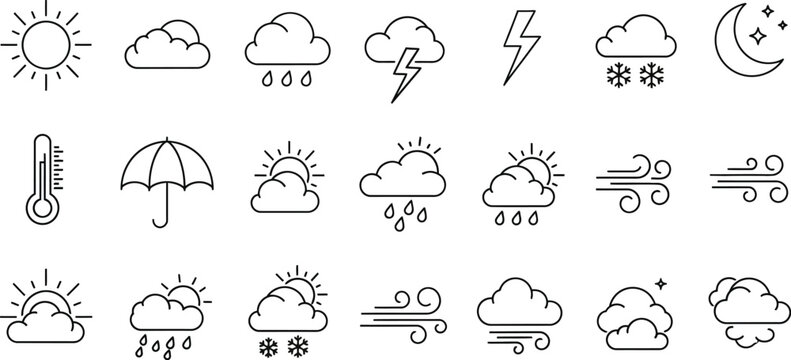 weather icons set in black and white line art