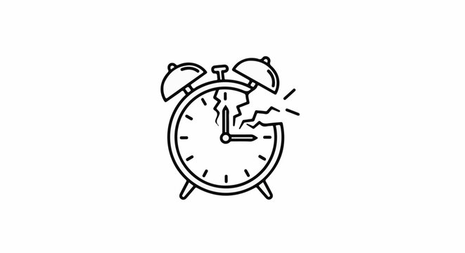A black outline of a cracked alarm clock with broken pieces flying outwards