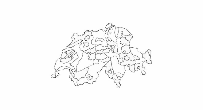 A black and white line drawing map of Swiss cantons with irregular boundaries