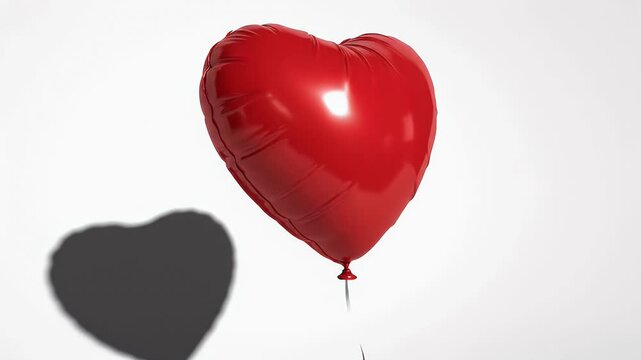 A vibrant red heart-shaped balloon casts a shadow against a bright white background, symbolizing love and affection.